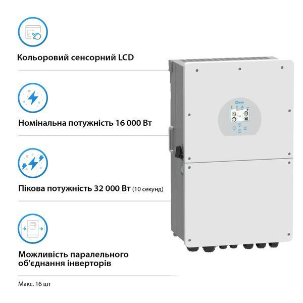 Гібридний однофазний інвертор Deye SUN-18K-SG01LP1-EU-AM3-P 18kW, 48V, 3 MPPT PEINVH1801DE30 фото